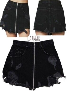 CARMAR Women S Beatrice Black denim Jean Skirt destroyed front zip mini D562311